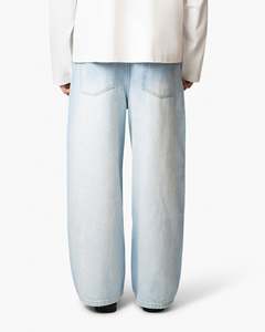 Jean droit bleu délavé pour homme, taille mi-haute, coupe classique, en denim de coton, décontracté, écologique, résistant à la décoloration, avec détails perlés, collection Printemps - Product Image 3