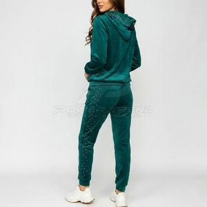Ensemble de vêtements tendance pour femmes, pantalon à taille élastique en velours avec strass et haut court à manches longues, coupe ajustée - Product Image 2