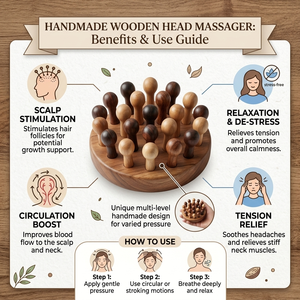 เครื่องนวดศีรษะทำมือจากไม้ เป็นมิตรกับสิ่งแวดล้อม ลูกกลิ้งนวดหนังศีรษะเพื่อการผ่อนคลาย หวีบำบัดด้วยไม้ธรรมชาติ แบตเตอรี่ในตัว ทำจากไม้สน - Product Image 6