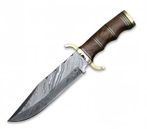 Couteau utilitaire fixe lourd en acier Damas à double courbure avec poignée en bois de noyer et crossguard en laiton - Product Image 3