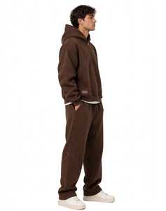 Ensemble décontracté streetwear pour homme, sweat à capuche zippé 2-en-1 et pantalon de survêtement en molleton polyester/coton marron, coupe ample - Product Image 2