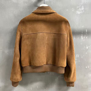 Women <b>Suede</b> Bomber <b>Jacket</b> Button Front Boxy Fit Ribbed Collar Casual Lightweight Outerwear - Product Image 5