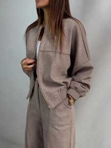 Women Zip Up Jacket <b>And</b> Wide Leg Pants 2 Piece <b>Long</b> <b>Set</b> - Product Image 2