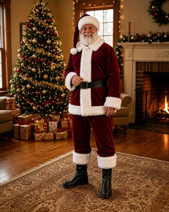 Costume de Père Noël en velours rouge avec bordure en fourrure blanche, chapeau et barbe, pour homme adulte, accessoires de fête de Noël, prix bas, vente en gros - Product Image 6