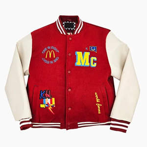 Custom Red Varsity <b>Jacket</b> With Cream <b>Leather</b> Sleeves Chenille Patch Embroidered Letterman <b>Jacket</b> OEM Private Label Manufacturer - Product Image 1
