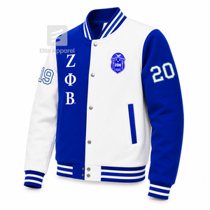 Chaqueta universitaria personalizada de la hermandad Zeta Phi Beta, azul y blanca, de manga larga, con botones en la parte delantera, cuello con ribete, logotipo bordado, de algodón. - Product Image 2