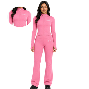 Ensemble de yoga rose hiver pour femme avec logo personnalisé, veste zippée intégrale à col montant et legging évasé, tenue de sport deux pièces, fournisseur - Product Image 1