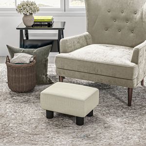 Pouf Cubo Beige Piccolo in Tessuto di Lino Imbottito con Gambe in Plastica per Casa, Ufficio e Camera da Letto - Product Image 2