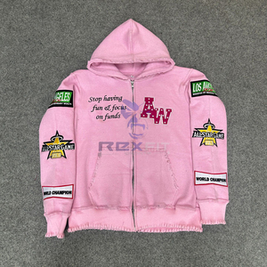 Prefect Cutting Sport Edition Zipper Distressed Hoodie Rhinestone Zip up Jacket Acid Wash  Men Fleece Streetwear Hoodie - Product Image 1