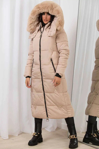 Veste d'hiver matelassée longue pour femme, beige, personnalisée, avec capuche en fausse fourrure, fermeture éclair intégrale, style doudoune, vente en gros OEM - Product Image 3