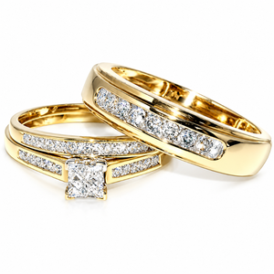 Ensemble de trois bagues en diamant |   Bague de Mariage pour Femme |   Groupe de musique masculin de grande envergure |   Ensemble de bagues de mariage en or 10 carats avec diamant naturel |   Bijoux fins pour couple - Product Image 1