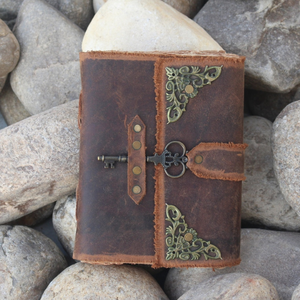 Personalized Embossed Key Leather Journal, Handmade Antique <b>Notebook</b>, Deckle Edge Paper, Metal Corner Details, Vintage <b>Diary</b> - Product Image 5