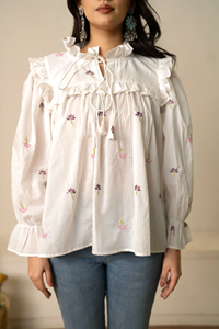 Sukoon <b>White</b> <b>Tie</b>-Front Embroidered Cotton <b>Top</b> for Women with Ruffle Neck | Long Sleeve Casual Summer Wear Wholesale Exporters - Product Image 3
