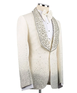 Chaqueta de esmoquin para hombre con cristales de imitación color marfil – Blazer de diseñador con solapa tipo chal y pedrería para novio y ropa de fiesta de lujo - Product Image 2