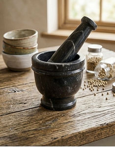Mortero y Pilón de Piedra Negra Natural, Molinillo Manual para Especias, Hierbas, Ajo y Jengibre, Herramienta de Cocina para Moler, Triturador de Piedra Resistente - Product Image 2