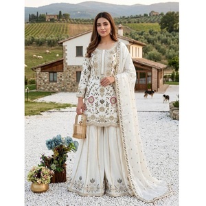Vente flash : élégant ensemble Kurti Palazzo en crêpe de soie avec broderie fantaisie et travail de sequins, prêt à porter, tenue ethnique pour femmes - Product Image 1