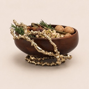 Handcrafted Acacia Wood Serving Bowl With Luxury Gold Brass Branch Base Decorative <b>Tabletop</b> Centerpiece For Home & Hotel Decor - Product Image 6
