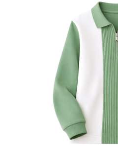 Sudadera Polo de Manga Larga para Hombre, Color Verde Salvia y Blanco, con Cierre de Cremallera, Paneles Acanalados, Estilo Casual, de Forro Polar, para Uso Diario - Product Image 3