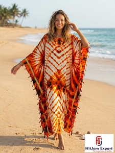 Robe Kaftan Col V Tie-Dye Ample Longueur Ras du Sol Manches Courtes Bohème Été Plage Cache-Maillot en Mousseline pour Femme Fabricant OEM ODM - Product Image 3