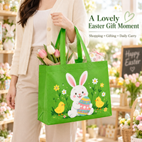 Sacs fourre-tout réutilisables en tissu non tissé écologique, imprimé lapin de Pâques vert lime, œufs colorés et poussins sur prairie, avec logo personnalisé