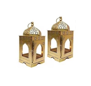 Set 2 Moroccan Decorative <b>Gold</b> Metal <b>Lanterns</b> Red Glass Candle Holder Vintage Ramadan <b>Lantern</b> for Home Christmas Event Flameless - Product Image 1