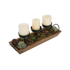 Bandeja rústica de madera con 3 portavelas y asa, acabado en recubrimiento de polvo negro, centro de mesa para decoración del hogar - Product Image 3