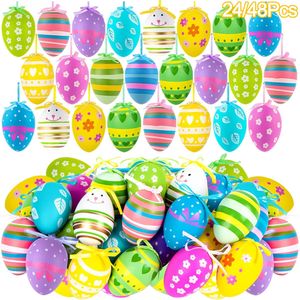 24 Huevos Colgantes de Pascua Pintados a Mano, Diseño Floral Colorido, Adornos de Plástico Surtidos para Decoración de Bodas, Cumpleaños y Fiestas - Product Image 1