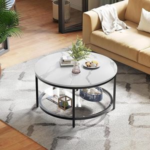Modern Round Marble Finish Coffee Table with Metal Frame and Open Storage Shelf for Living Room - Product Image 4