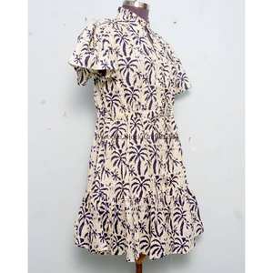 Stylish Elegant Vintage Summer Beach <b>Mini</b> Dress Women Handmade Organic Cotton O-Neck Long Sleeve A-Line Floral Print Breathable - Product Image 5