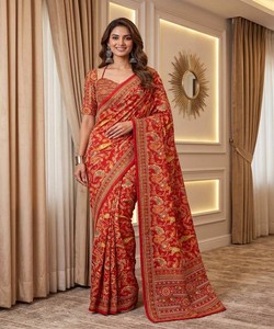 Traditional <b>Red</b> Cotton <b>Saree</b> With Print Floor-Length Sari For Women Wedding Wear India Pakistan Ethnic Style 85324 DVD ON5176 - Product Image 2