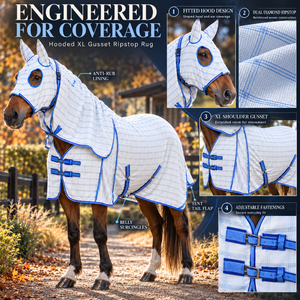 Hooded XL Shoulder Gusset Ripstop Horse Rug with Fitted <b>Ear</b> <b>Cover</b> | Dual Diamond Weave Equine Blanket with Dual Chest Fastenings - Product Image 5
