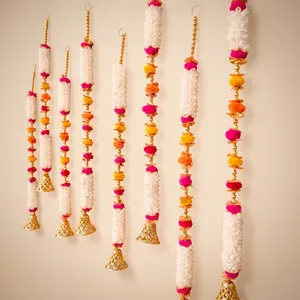 Handmade White Flower Hanging Garland Toran with Gold <b>Bell</b> for Diwali Wedding Home Wall Decor - Product Image 4