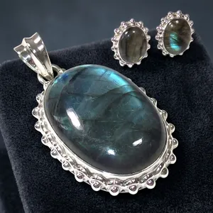 Blue Fire Labradorite 925 Sterling Silver Pendant Earrings Set Oval Cabochon Bezel Setting Indian Bohemian Women's Jewelry Gift - Product Image 3