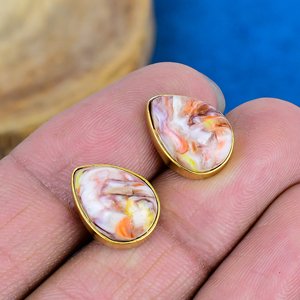 Natural Pink Oyster Pear Shape Gemstone <b>Stud</b> Earring 18k Gold Micron Over 925 Sterling <b>Silver</b> - Product Image 3