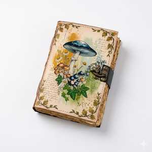 Carnet de notes en cuir à spirale, couverture rigide, motif floral vintage, fait main, Grimoire Mushroom - Product Image 1