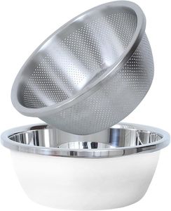 Colador de acero inoxidable de primera calidad para lavar arroz, pasta y productos frescos con asas resistentes y orificios de drenaje finos. - Product Image 4