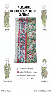 Paréo en coton imprimé à la main, jupe de plage pour femme, imprimé floral traditionnel, idéal pour l'été, la station balnéaire et la piscine - Product Image 6