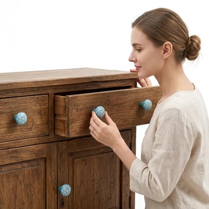 Ba Ceramic Tulip Cabinet <b>Knob</b> Blue with <b>White</b> Floral Pattern Modern for Kitchen Bathroom Living Room Drawer and Dresser Use - Product Image 3
