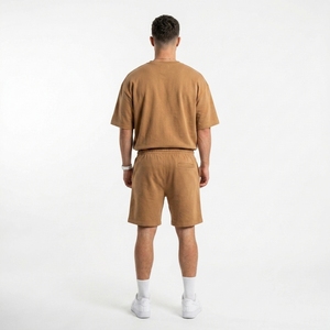 Ensemble décontracté deux pièces tricoté respirant pour homme, col rond, t-shirt et short, en polyester/coton, avec logo personnalisé, idéal pour la gym estivale - Product Image 2