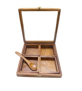Caja de especias de madera hecha a mano – Masala Dabba india, caja de mesa hecha a mano, caja de especias de madera con 4 recipientes y cuchara - Product Image 1