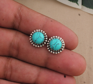 Boucles d'oreilles pendantes en turquoise naturelle, argent sterling 925, cabochon goutte d'eau, bordure perlée, bijoux faits à la main, cadeau de luxe - Product Image 3