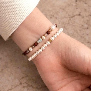 Multicolor Gemstone Pearl Bracelet Dainty Beaded Stacking Jewelry 925 Sterling Silver 14K Gold Plated - Product Image 3