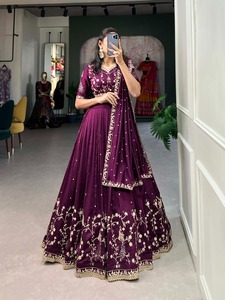 Wine Faux Vichitra <b>Silk</b> Embroidered Sequins Lehenga Wedding Wear - Product Image 2