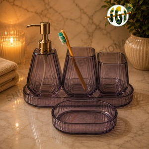 Luxury Amber Glass Five-piece <b>Bathroom</b> <b>Accessories</b> <b>Set</b> Gold Finish Soap Dispenser Toothbrush Holder Storage Jar Decorative Tray - Product Image 3