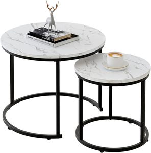 Modern <b>Round</b> Nesting Coffee <b>Tables</b> Set of 2 with White Marble Finish and <b>Black</b> Metal Frame Contemporary Living Room <b>Side</b> <b>Tables</b> - Product Image 1