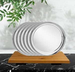 Ensemble de 6 assiettes rondes en acier inoxydable poli, modernes, en métal argenté, pour desserts - Product Image 4