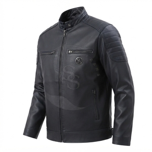 Chaqueta de Motociclista de Cuero Genuino Marrón para Hombre, Cuello Alto, Cierre de Cremallera, Corte Ajustado, Otoño, Manga Larga, Color Sólido - Product Image 1