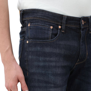 กางเกงยีนส์เดนิมทรงสลิมฟิตผู้ชาย สีเข้ม ยืดได้ ระบายอากาศ แห้งเร็ว 340 GSM แบบคลาสสิก 5 กระเป๋า ซิปผ่าหน้า เอวกลาง สวมใส่สบาย ทรงยาว - Product Image 3