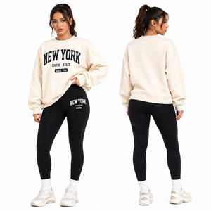 Ensemble de survêtement décontracté pour femme avec imprimé New York, comprenant un sweat-shirt oversize à col rond et un legging taille haute, idéal pour le fitness et la détente - Product Image 1