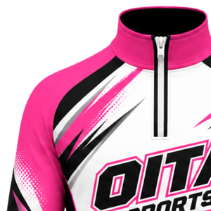 T-shirt de sport à col zippé rose, blanc et noir, à manches longues, pour l'entraînement athlétique, la course à pied, les tenues d'équipe, les vêtements de sport personnalisés haute performance - Product Image 4